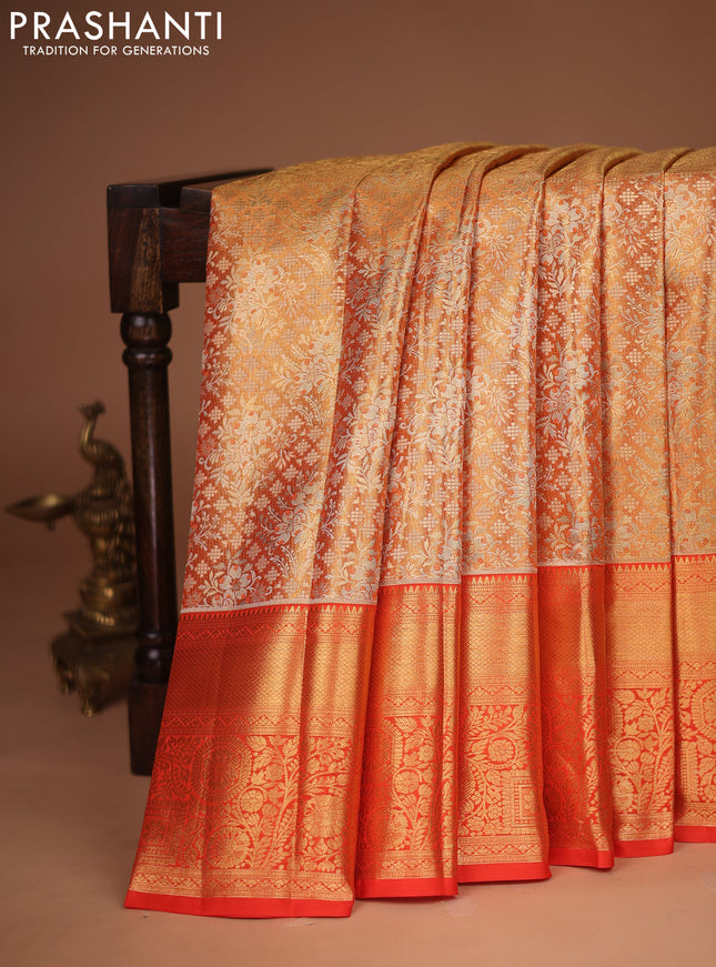 Pure kanchipuram tissue silk saree orange with allover zari woven brocade weaves and zari woven border