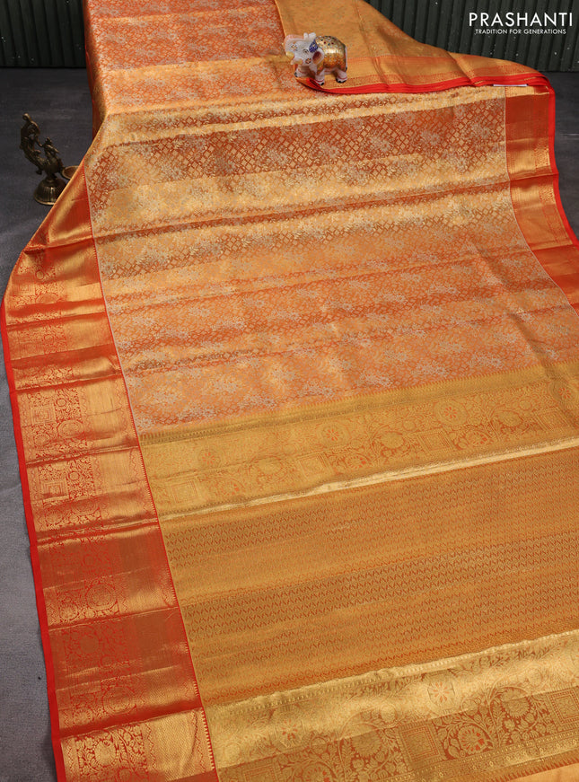 Pure kanchipuram tissue silk saree orange with allover zari woven brocade weaves and zari woven border