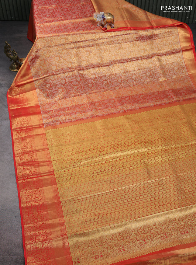 Pure kanchipuram tissue silk saree red with allover zari woven brocade weaves and zari woven border
