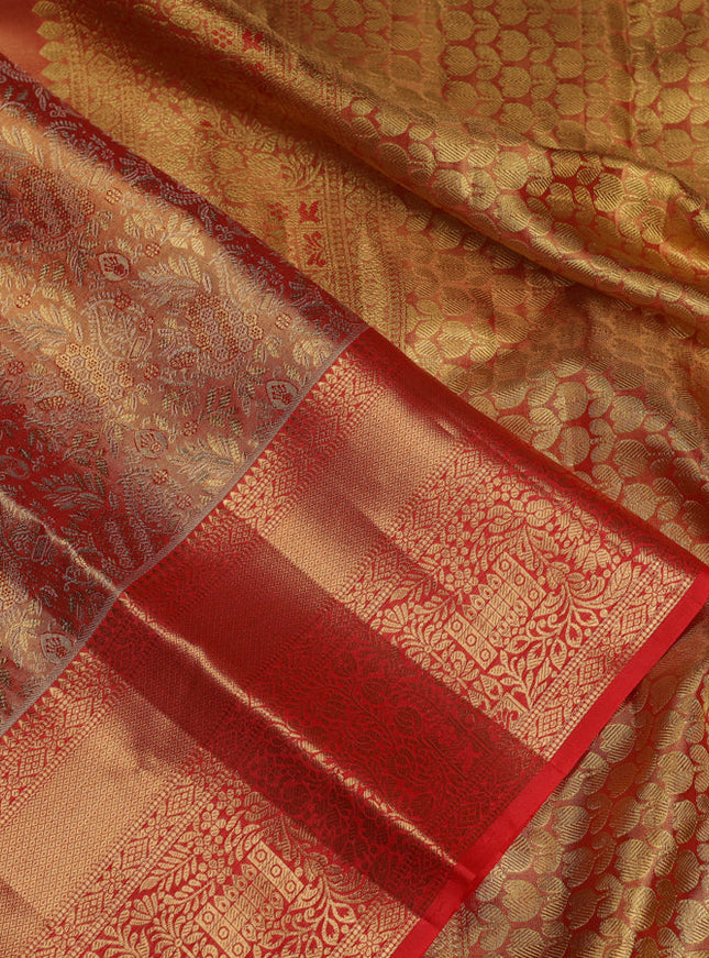 Pure kanchipuram tissue silk saree red with allover zari woven brocade weaves and zari woven border