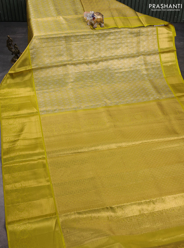 Pure kanchipuram tissue silk saree lime yellow with allover zari woven brocade weaves and zari woven border