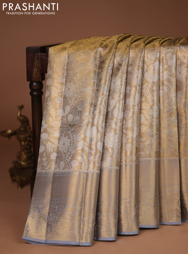 Pure kanchipuram tissue silk saree grey with allover zari woven brocade weaves and zari woven border
