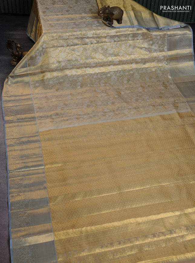 Pure kanchipuram tissue silk saree grey with allover zari woven brocade weaves and zari woven border