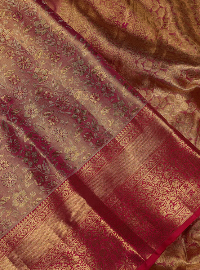 Pure kanchipuram tissue silk saree pink with allover zari woven brocade weaves and zari woven border