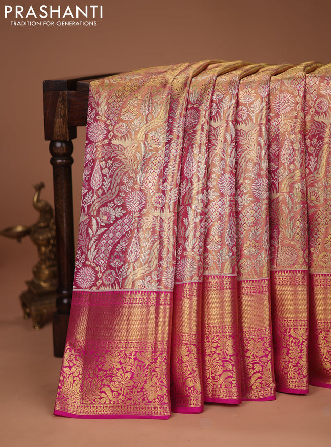 Pure kanchipuram tissue silk saree dual shade of pink with allover zari woven brocade weaves and zari woven border