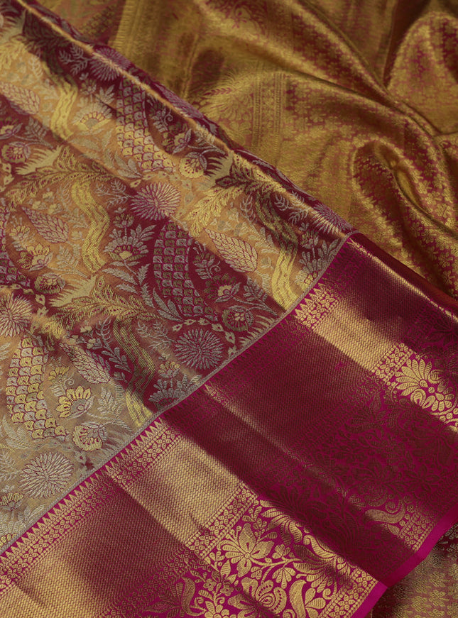 Pure kanchipuram tissue silk saree dual shade of pink with allover zari woven brocade weaves and zari woven border