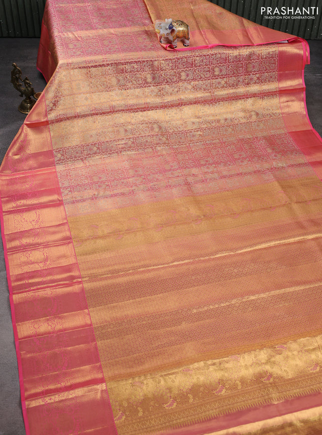 Pure kanchipuram tissue silk saree candy pink with allover zari woven brocade weaves and zari woven border