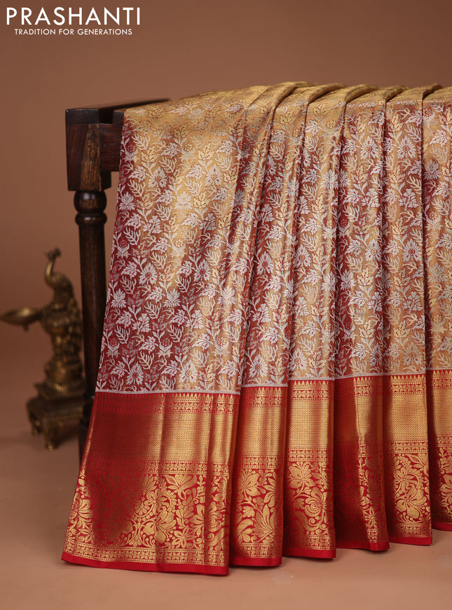 Pure kanchipuram tissue silk saree dual shade of gold and red with allover zari woven brocade weaves and zari woven border