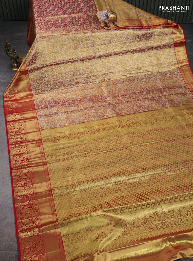 Pure kanchipuram tissue silk saree dual shade of gold and red with allover zari woven brocade weaves and zari woven border