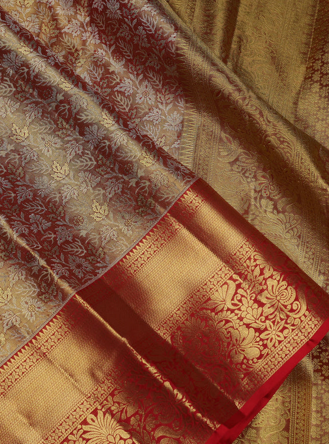 Pure kanchipuram tissue silk saree dual shade of gold and red with allover zari woven brocade weaves and zari woven border
