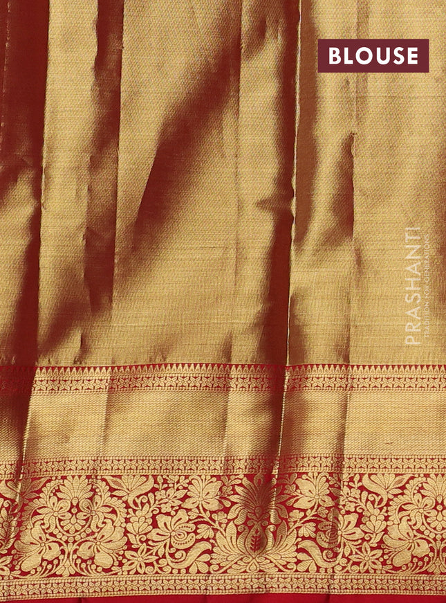 Pure kanchipuram tissue silk saree dual shade of gold and red with allover zari woven brocade weaves and zari woven border