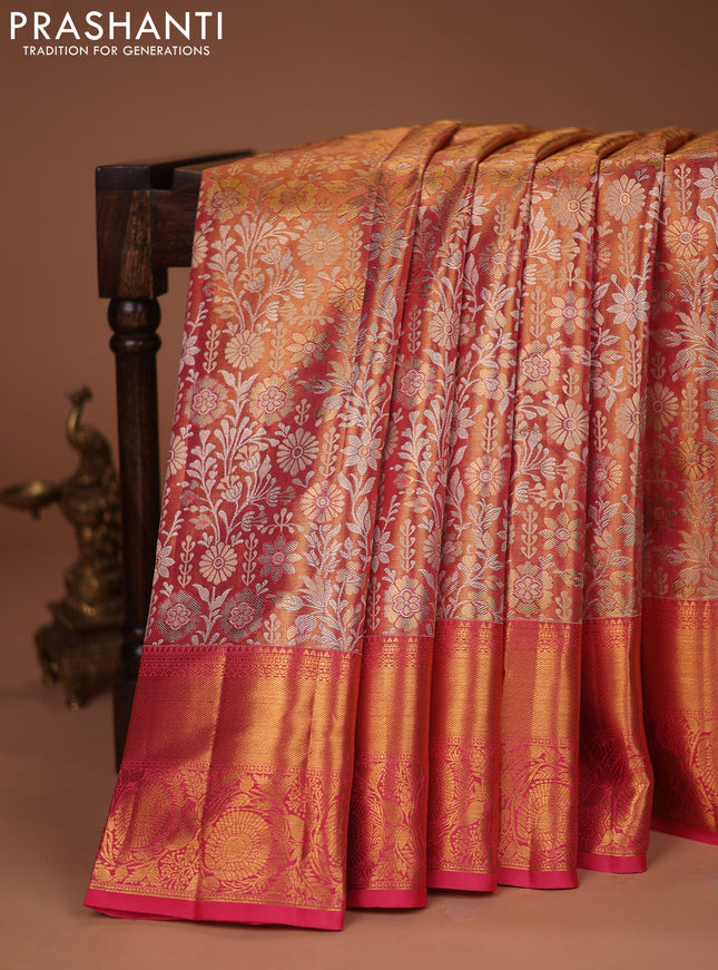 Pure kanchipuram tissue silk saree peach pink with allover zari woven brocade weaves and zari woven border