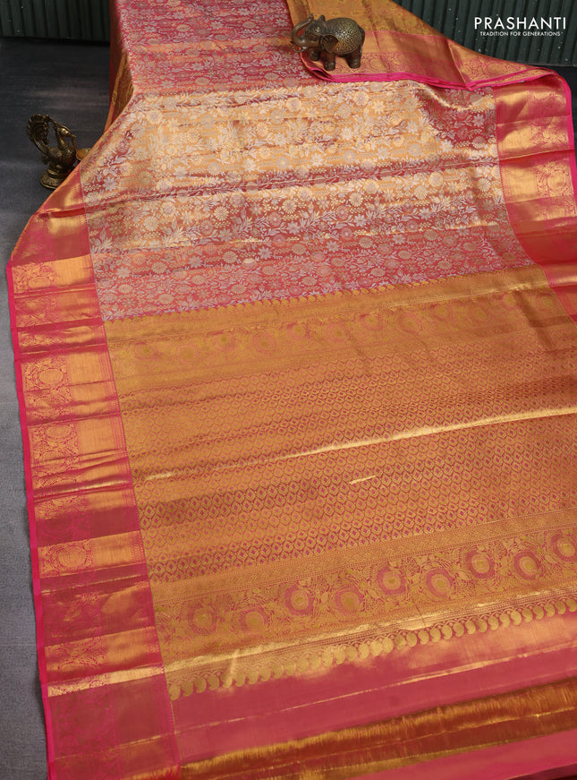 Pure kanchipuram tissue silk saree peach pink with allover zari woven brocade weaves and zari woven border