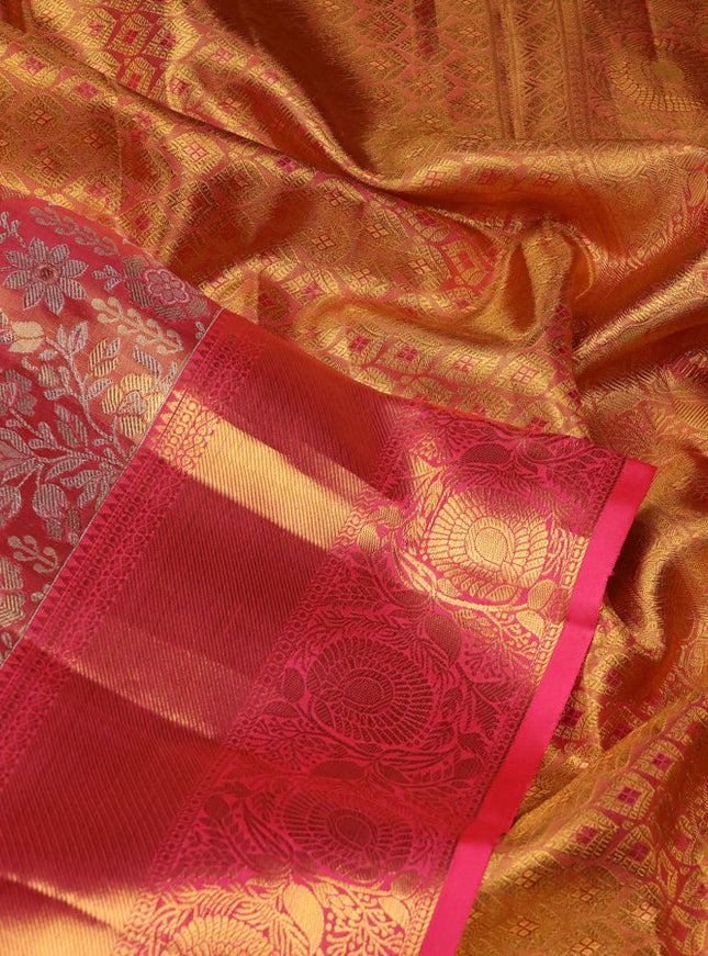 Pure kanchipuram tissue silk saree peach pink with allover zari woven brocade weaves and zari woven border