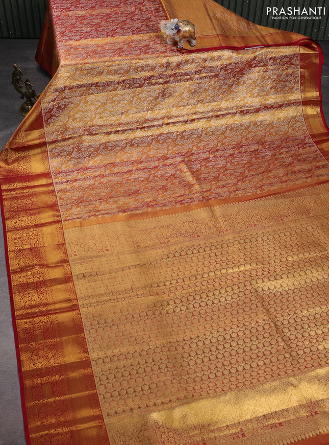 Pure kanchipuram tissue silk saree dual shade of gold and red with allover zari woven brocade weaves and zari woven border