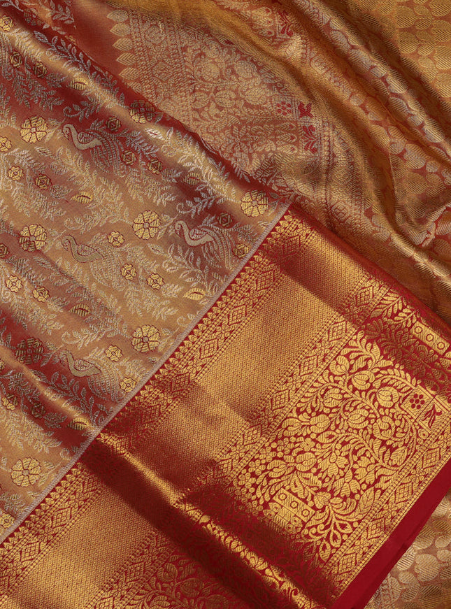 Pure kanchipuram tissue silk saree dual shade of gold and red with allover zari woven brocade weaves and zari woven border