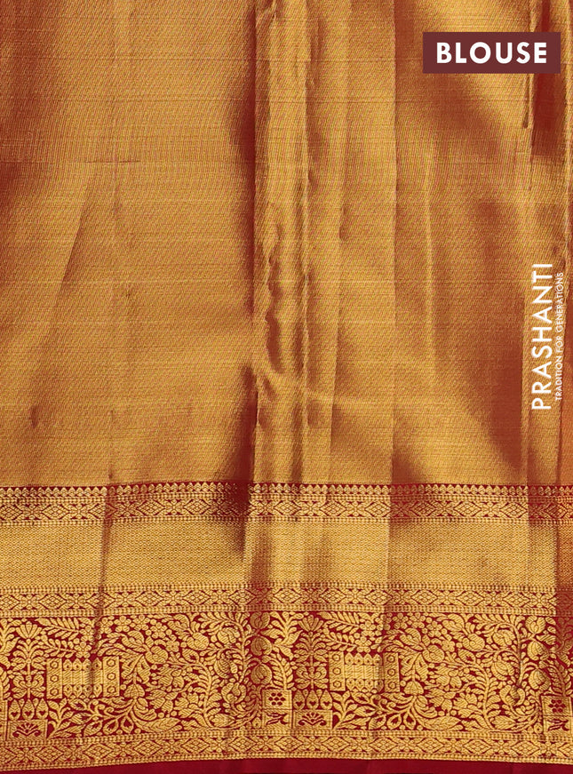 Pure kanchipuram tissue silk saree dual shade of gold and red with allover zari woven brocade weaves and zari woven border