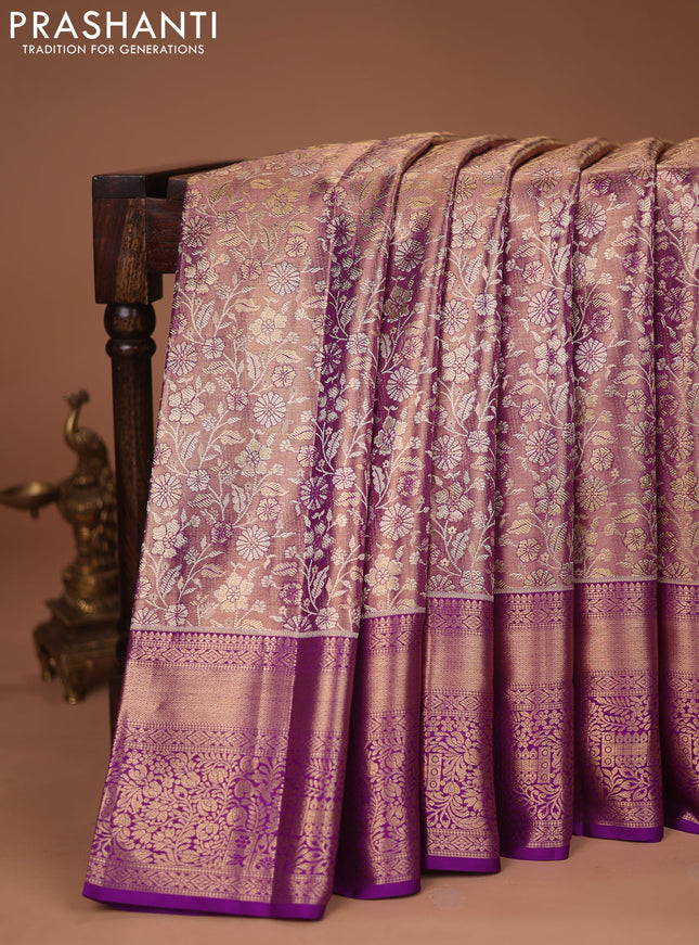 Pure kanchipuram tissue silk saree purple with allover zari woven brocade weaves and zari woven border
