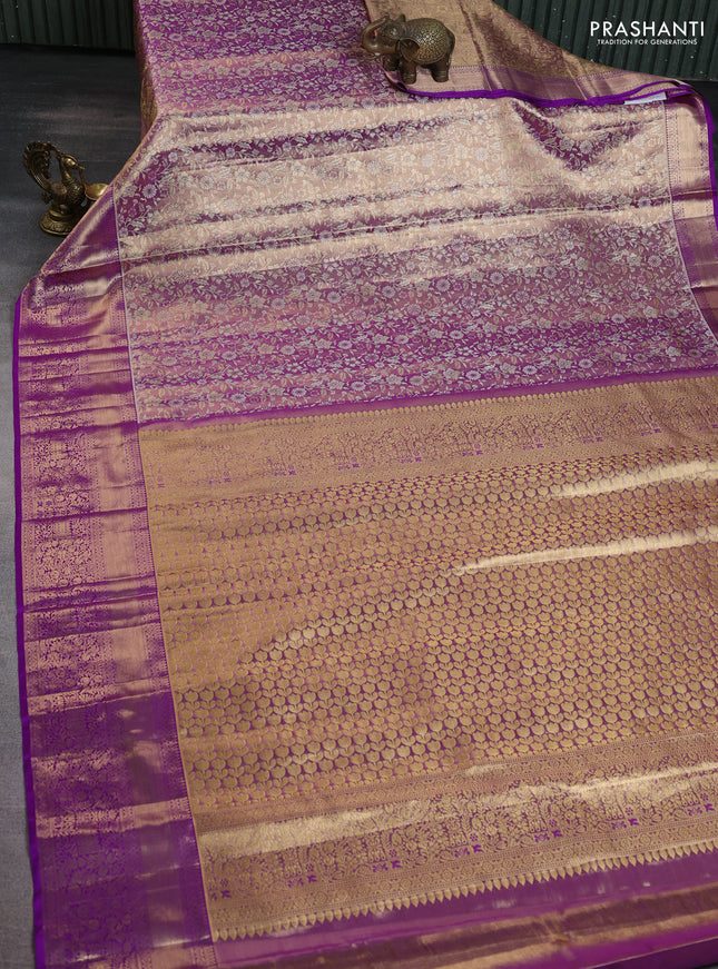 Pure kanchipuram tissue silk saree purple with allover zari woven brocade weaves and zari woven border