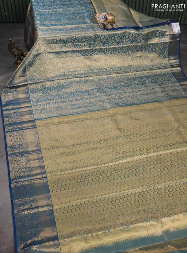 Pure kanchipuram tissue silk saree dual shade of cs blue with allover zari woven brocade weaves and zari woven border