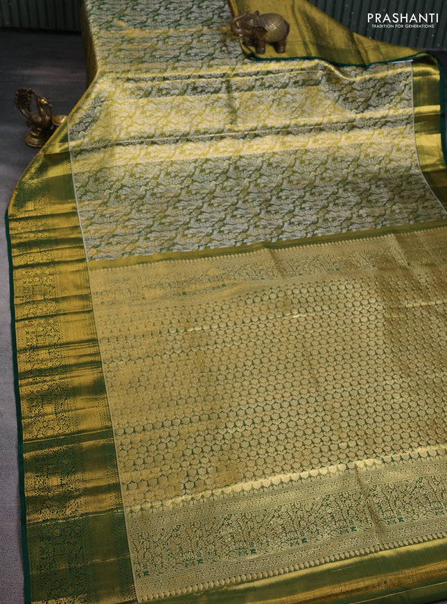 Pure kanchipuram tissue silk saree green with allover silver zari woven brocade weaves and zari woven border