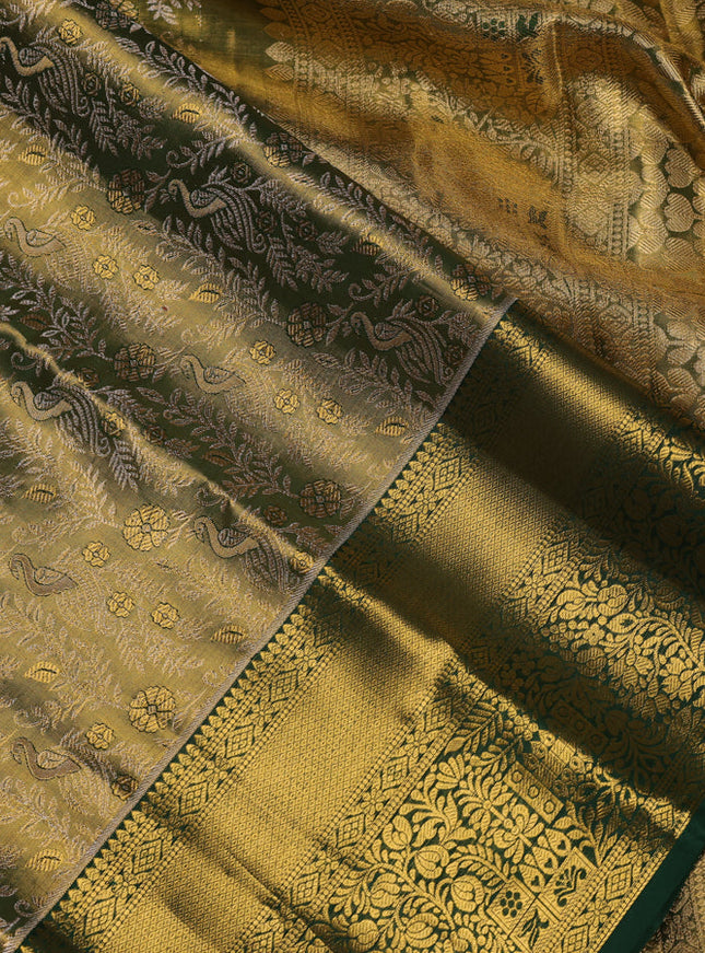 Pure kanchipuram tissue silk saree green with allover silver zari woven brocade weaves and zari woven border