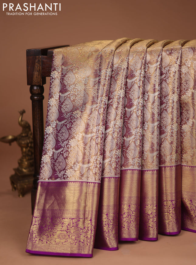 Pure kanchipuram tissue silk saree purple with allover silver zari woven brocade weaves and zari woven border