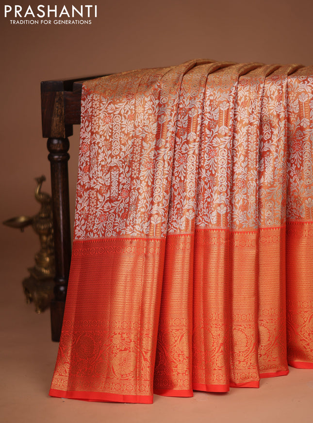 Pure kanchipuram tissue silk saree orange with allover silver zari woven brocade weaves and zari woven border