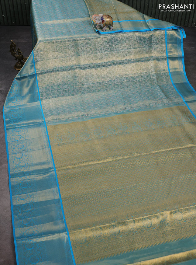 Pure kanchipuram tissue silk saree light blue with allover silver zari woven brocade weaves and zari woven border