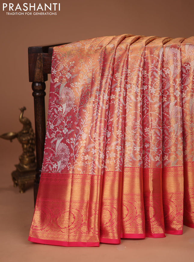 Pure kanchipuram tissue silk saree pink with allover zari woven brocade weaves and zari woven border