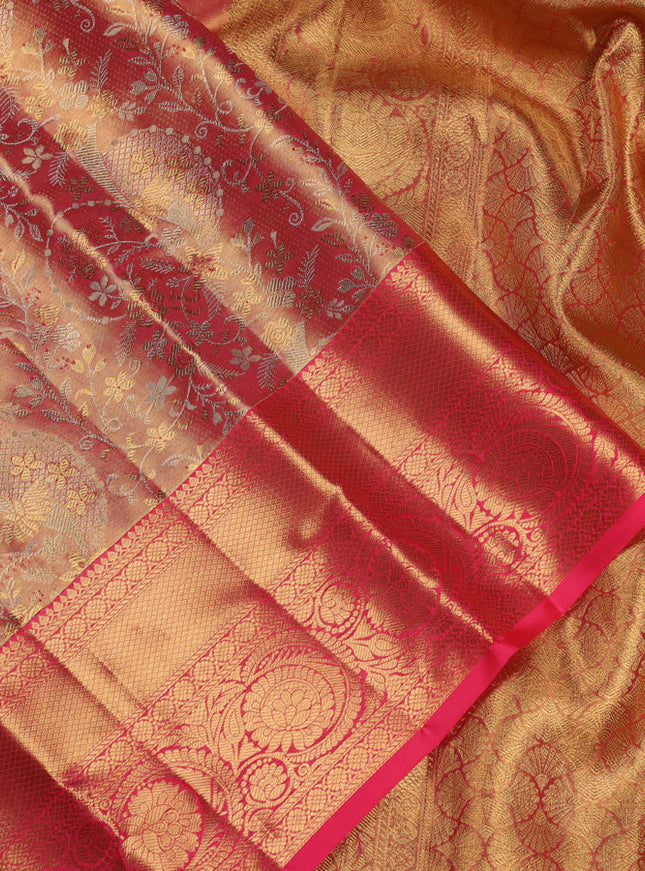 Pure kanchipuram tissue silk saree pink with allover zari woven brocade weaves and zari woven border