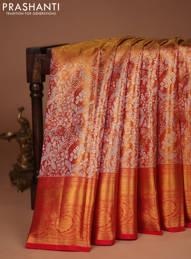 Pure kanchipuram tissue silk saree red with allover zari woven brocade weaves and zari woven border