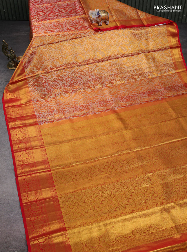 Pure kanchipuram tissue silk saree red with allover zari woven brocade weaves and zari woven border