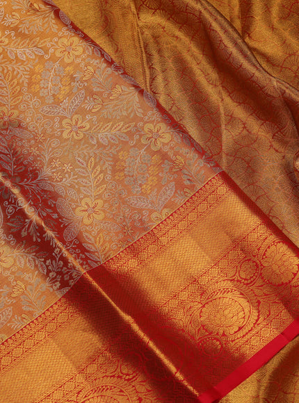 Pure kanchipuram tissue silk saree red with allover zari woven brocade weaves and zari woven border