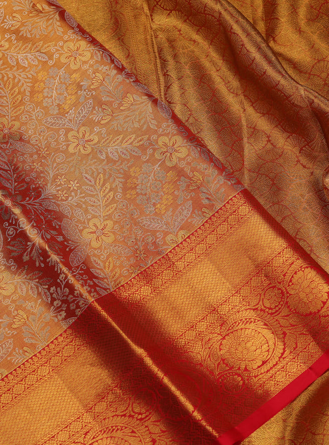 Pure kanchipuram tissue silk saree red with allover zari woven brocade weaves and zari woven border