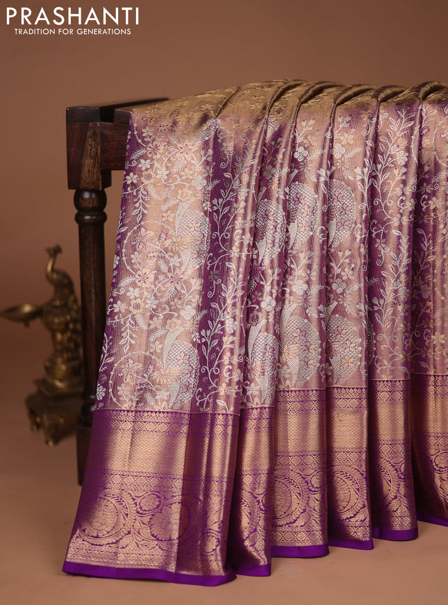 Pure kanchipuram tissue silk saree dual shade of purple with allover silver zari woven brocade weaves and zari woven border