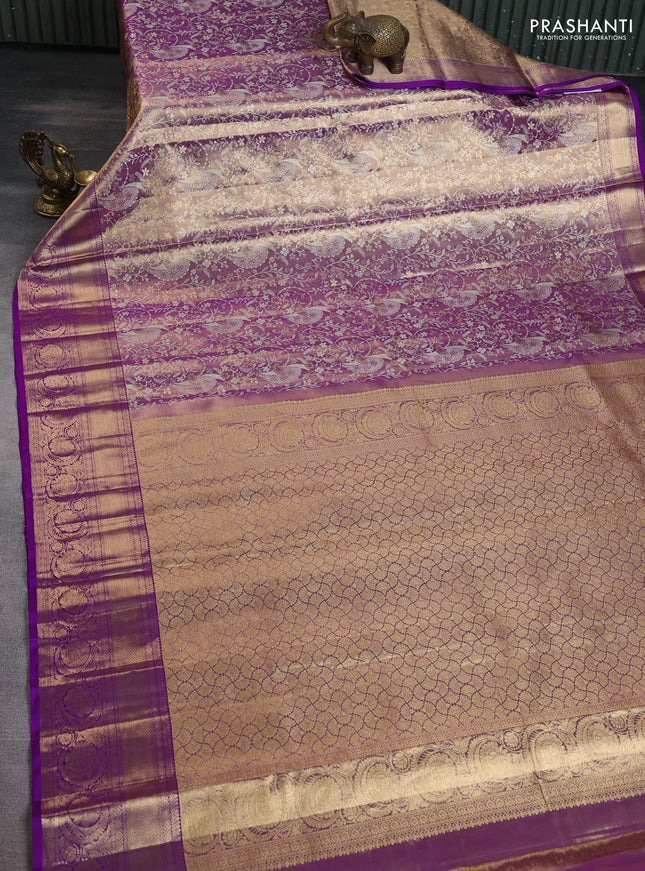 Pure kanchipuram tissue silk saree dual shade of purple with allover silver zari woven brocade weaves and zari woven border
