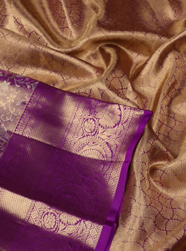 Pure kanchipuram tissue silk saree dual shade of purple with allover silver zari woven brocade weaves and zari woven border