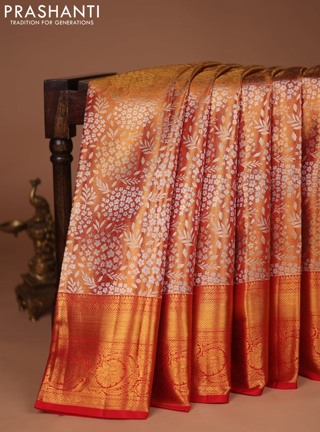 Pure kanchipuram tissue silk saree red shade with allover zari woven brocade weaves and zari woven border