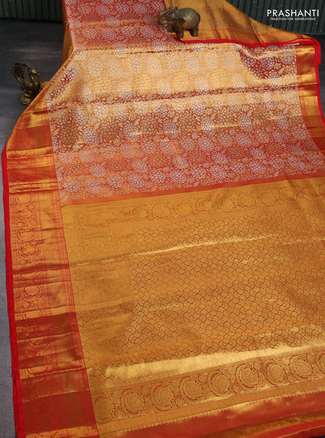 Pure kanchipuram tissue silk saree red shade with allover zari woven brocade weaves and zari woven border