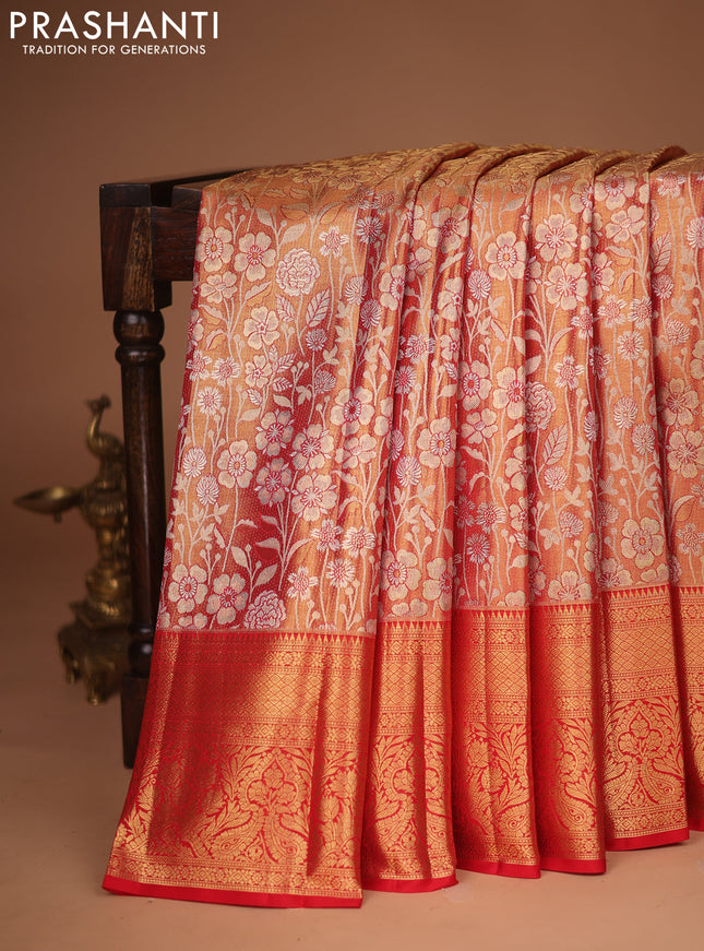 Pure kanchipuram tissue silk saree red with allover zari woven brocade weaves and zari woven border
