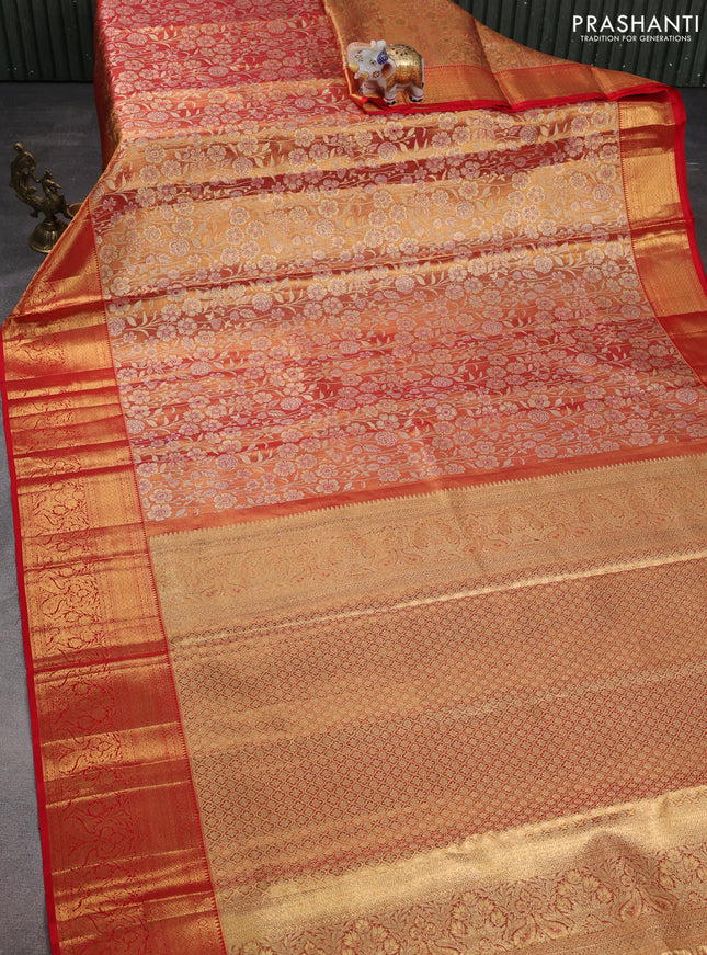 Pure kanchipuram tissue silk saree red with allover zari woven brocade weaves and zari woven border