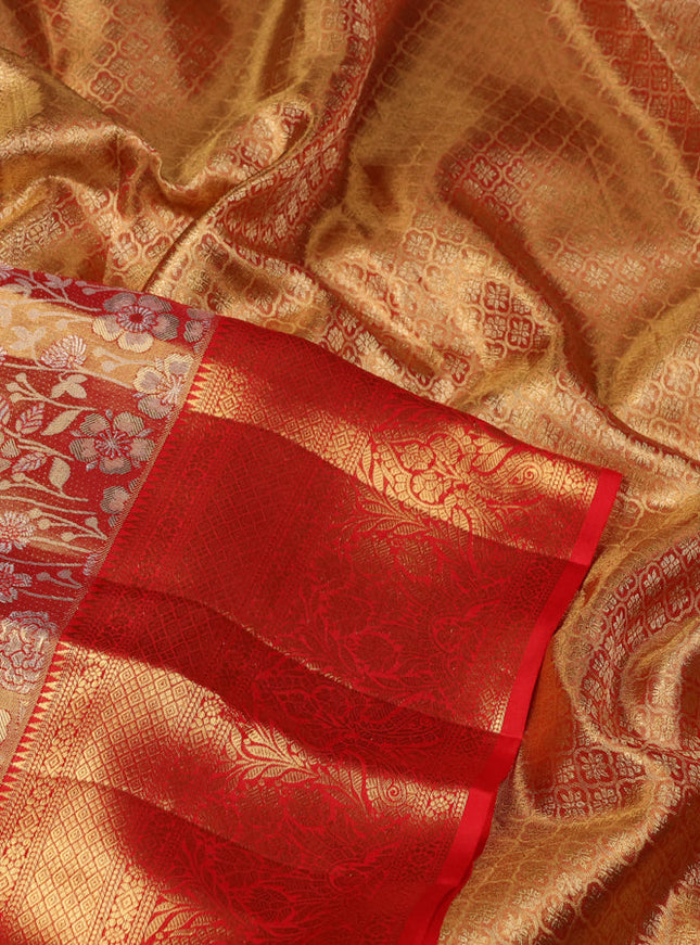 Pure kanchipuram tissue silk saree red with allover zari woven brocade weaves and zari woven border