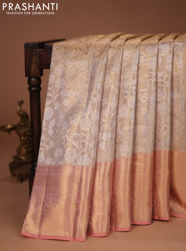 Pure kanchipuram tissue silk saree beige and peach shade with allover zari woven brocade weaves and zari woven border