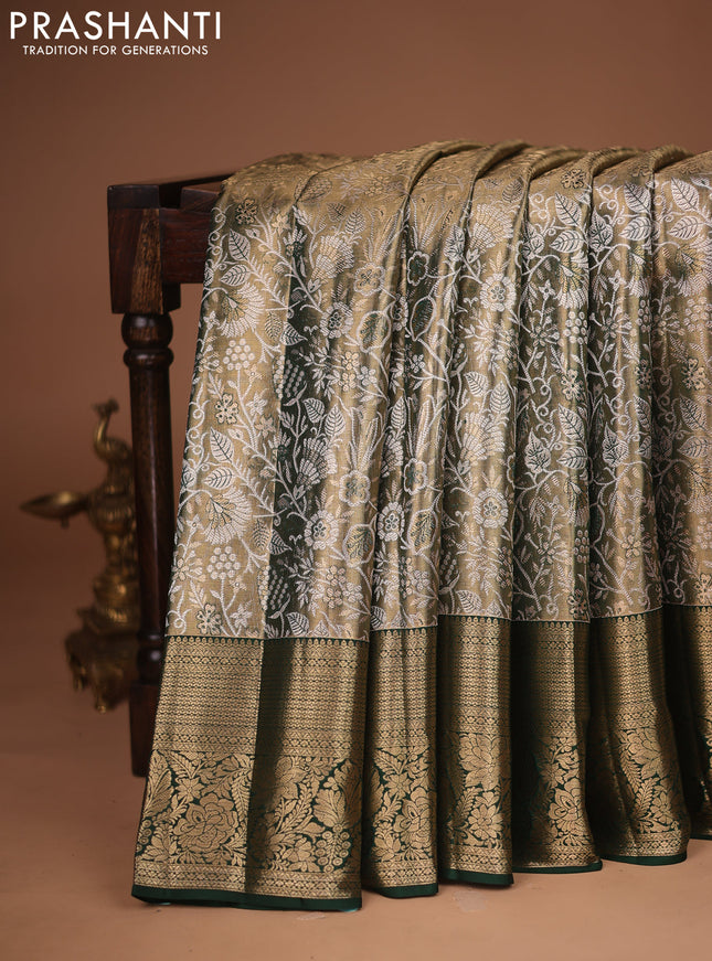 Pure kanchipuram tissue silk saree dark green with allover zari woven brocade weaves and zari woven border