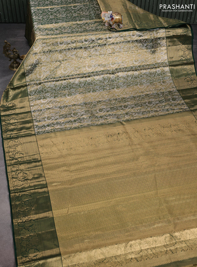 Pure kanchipuram tissue silk saree dark green with allover zari woven brocade weaves and zari woven border
