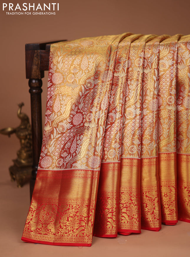 Pure kanchipuram tissue silk saree red shade with allover zari woven brocade weaves and zari woven border