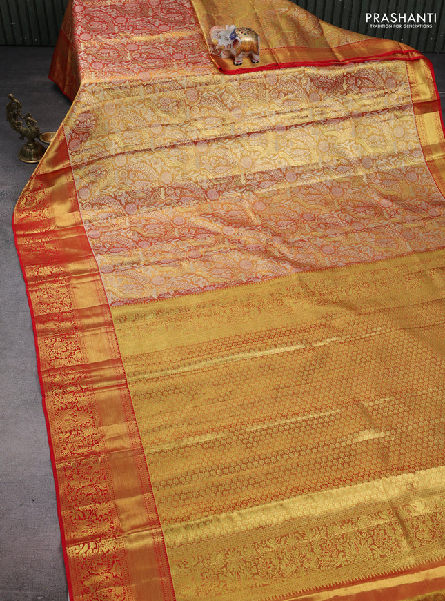Pure kanchipuram tissue silk saree red shade with allover zari woven brocade weaves and zari woven border