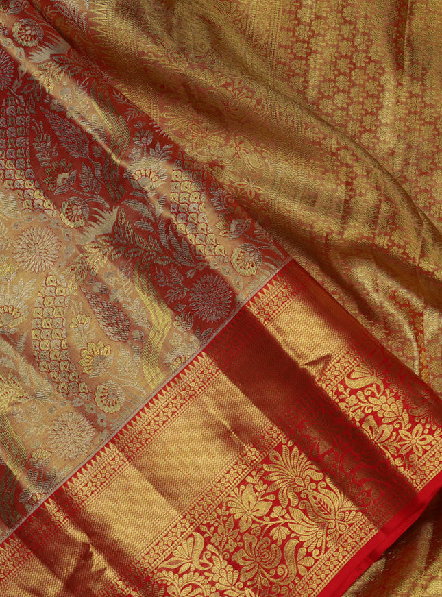 Pure kanchipuram tissue silk saree red shade with allover zari woven brocade weaves and zari woven border