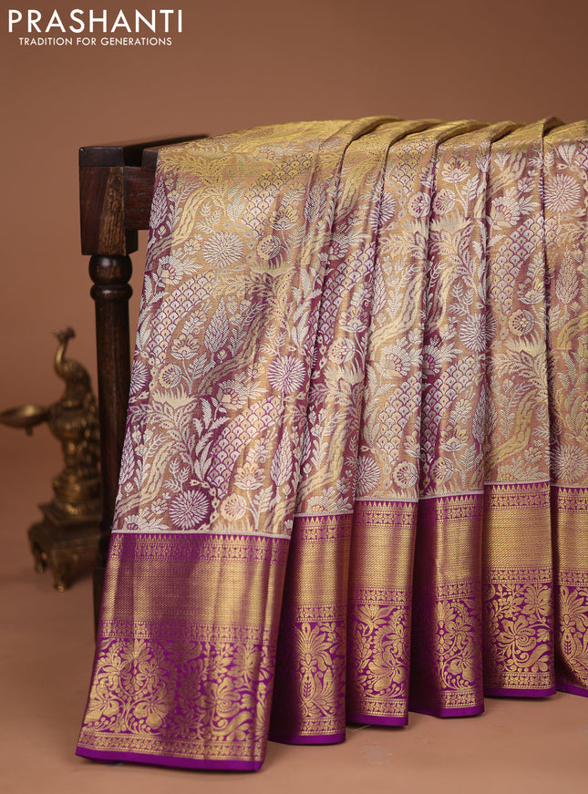 Pure kanchipuram tissue silk saree dual shade of purple with allover zari woven brocade weaves and zari woven border